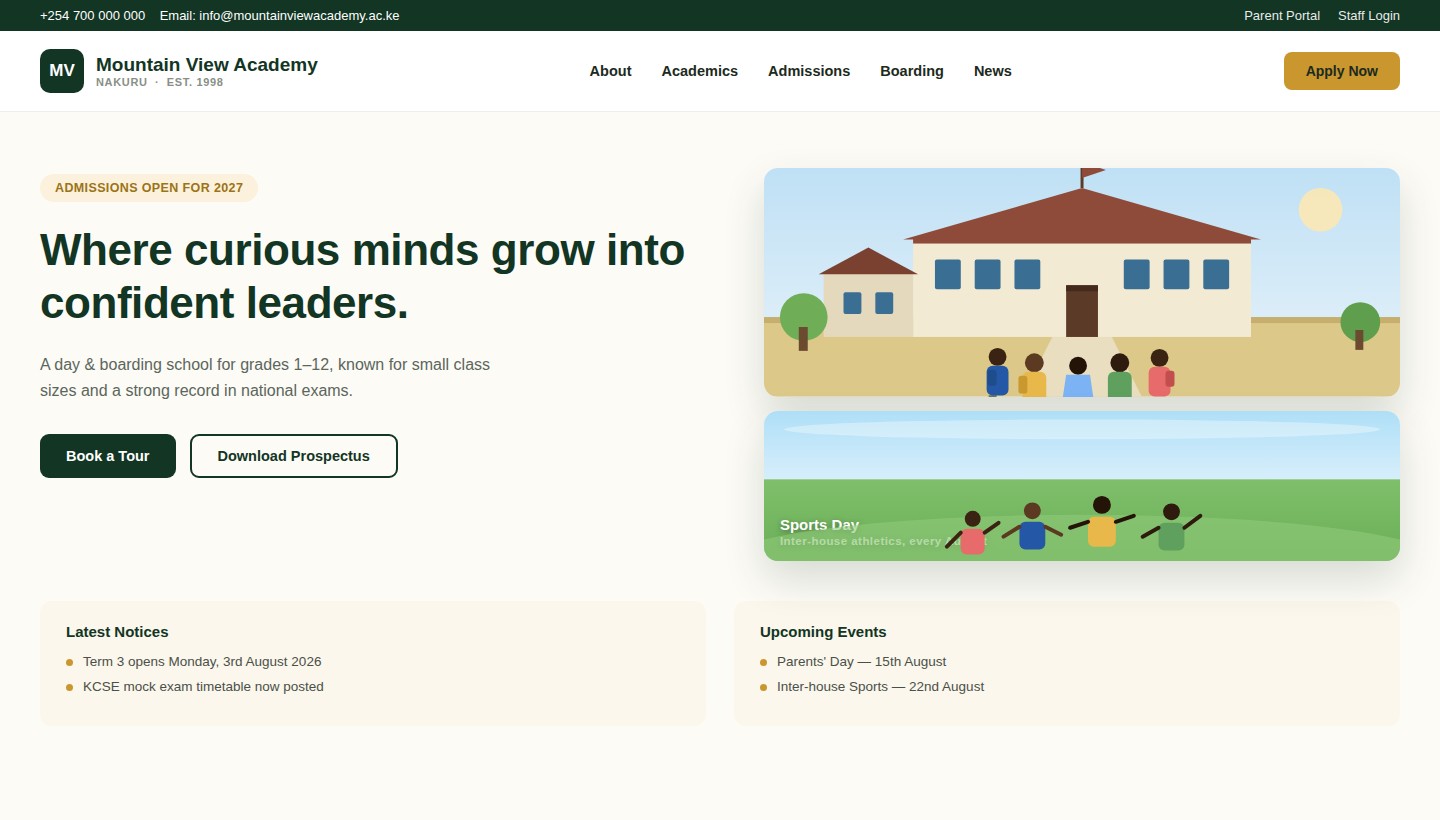 School website example showing campus and students